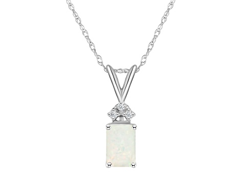 7x5mm Emerald Cut Opal with Diamond Accents 14k White Gold Pendant With Chain