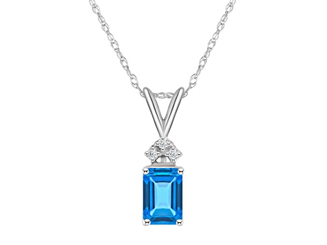 7x5mm Emerald Cut Blue Topaz with Diamond Accents 14k White Gold Pendant With Chain