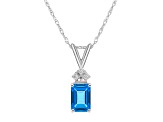 7x5mm Emerald Cut Blue Topaz with Diamond Accents 14k White Gold Pendant With Chain