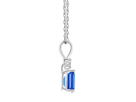 7x5mm Emerald Cut Blue Topaz with Diamond Accents 14k White Gold Pendant With Chain
