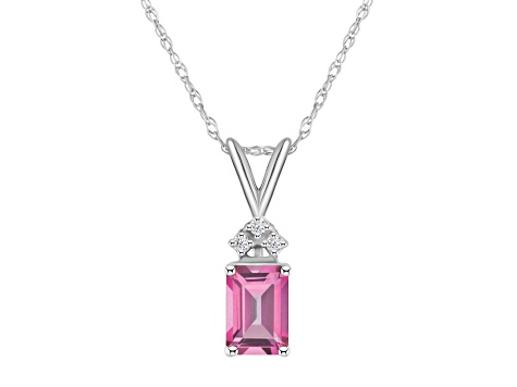 7x5mm Emerald Cut Pink Topaz with Diamond Accents 14k White Gold Pendant With Chain