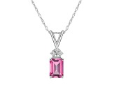 7x5mm Emerald Cut Pink Topaz with Diamond Accents 14k White Gold Pendant With Chain