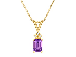 7x5mm Emerald Cut Amethyst with Diamond Accents 14k Yellow Gold Pendant With Chain