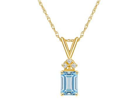 7x5mm Emerald Cut Aquamarine with Diamond Accents 14k Yellow Gold Pendant With Chain