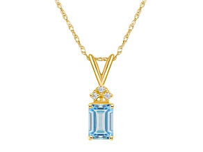 7x5mm Emerald Cut Aquamarine with Diamond Accents 14k Yellow Gold Pendant With Chain
