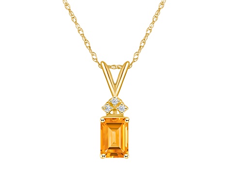 7x5mm Emerald Cut Citrine with Diamond Accents 14k Yellow Gold Pendant With Chain