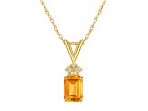 7x5mm Emerald Cut Citrine with Diamond Accents 14k Yellow Gold Pendant With Chain
