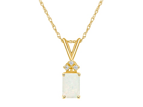 7x5mm Emerald Cut Opal with Diamond Accents 14k Yellow Gold Pendant With Chain
