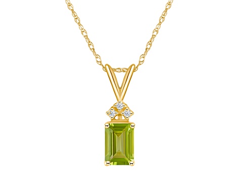 7x5mm Emerald Cut Peridot with Diamond Accents 14k Yellow Gold Pendant With Chain
