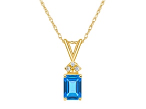 7x5mm Emerald Cut Blue Topaz with Diamond Accents 14k Yellow Gold Pendant With Chain