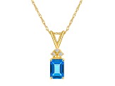 7x5mm Emerald Cut Blue Topaz with Diamond Accents 14k Yellow Gold Pendant With Chain