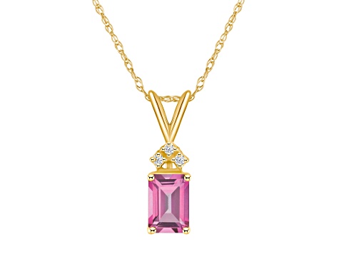 7x5mm Emerald Cut Pink Topaz with Diamond Accents 14k Yellow Gold Pendant With Chain