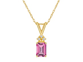 7x5mm Emerald Cut Pink Topaz with Diamond Accents 14k Yellow Gold Pendant With Chain
