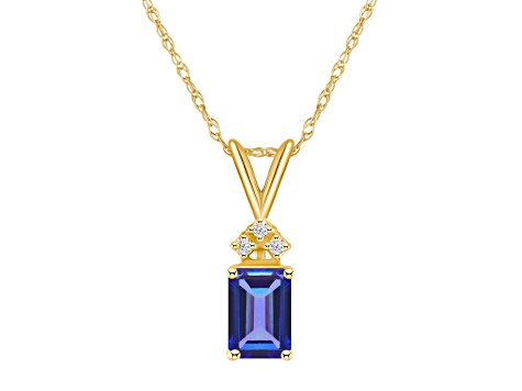 7x5mm Emerald Cut Tanzanite with Diamond Accents 14k Yellow Gold Pendant With Chain