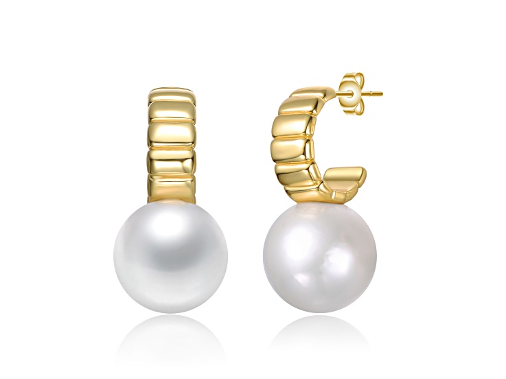White Freshwater Pearl, 14K Gold Plated over Sterling Silver Textured C ...