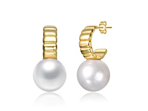 White Freshwater Pearl, 14K Gold Plated over Sterling Silver Textured C-Hoop Drop Earrings