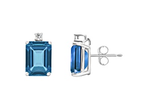 8x6mm Emerald Cut London Blue Topaz with Diamond Accents 14k White Gold Stud Earrings