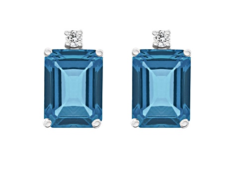 8x6mm Emerald Cut London Blue Topaz with Diamond Accents 14k White Gold Stud Earrings