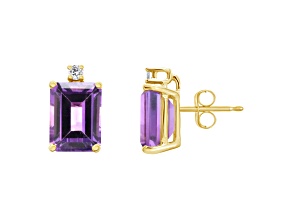 8x6mm Emerald Cut Amethyst with Diamond Accents 14k Yellow Gold Stud Earrings