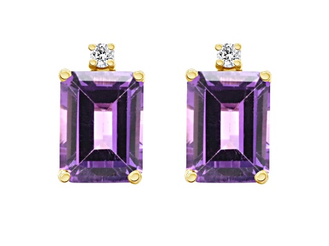 8x6mm Emerald Cut Amethyst with Diamond Accents 14k Yellow Gold Stud Earrings