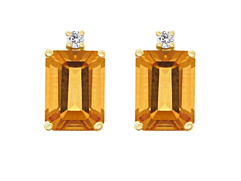 8x6mm Emerald Cut Citrine with Diamond Accents 14k Yellow Gold Stud Earrings