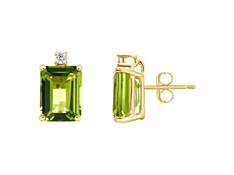 8x6mm Emerald Cut Peridot with Diamond Accents 14k Yellow Gold Stud Earrings