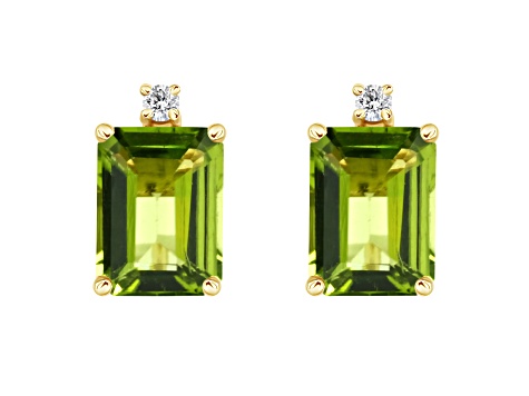 8x6mm Emerald Cut Peridot with Diamond Accents 14k Yellow Gold Stud Earrings