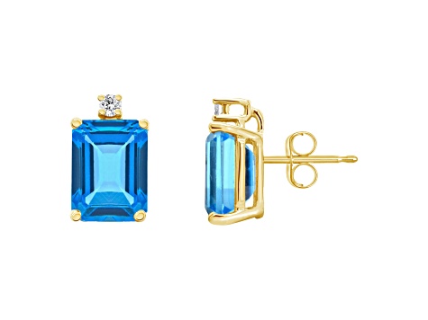 8x6mm Emerald Cut Blue Topaz with Diamond Accents 14k Yellow Gold Stud Earrings