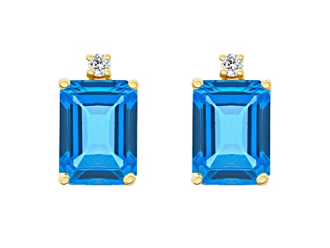 8x6mm Emerald Cut Blue Topaz with Diamond Accents 14k Yellow Gold Stud Earrings