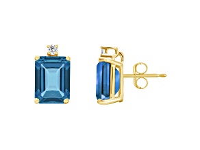8x6mm Emerald Cut London Blue Topaz with Diamond Accents 14k Yellow Gold Stud Earrings