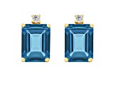 8x6mm Emerald Cut London Blue Topaz with Diamond Accents 14k Yellow Gold Stud Earrings