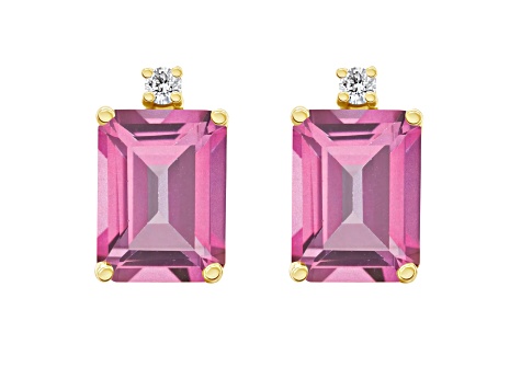 8x6mm Emerald Cut Pink Topaz with Diamond Accents 14k Yellow Gold Stud Earrings