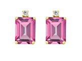 8x6mm Emerald Cut Pink Topaz with Diamond Accents 14k Yellow Gold Stud Earrings