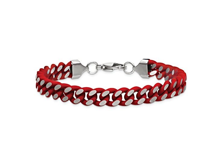 Stainless Steel 9mm Polished Red Enameled and Rubber Coated Curb