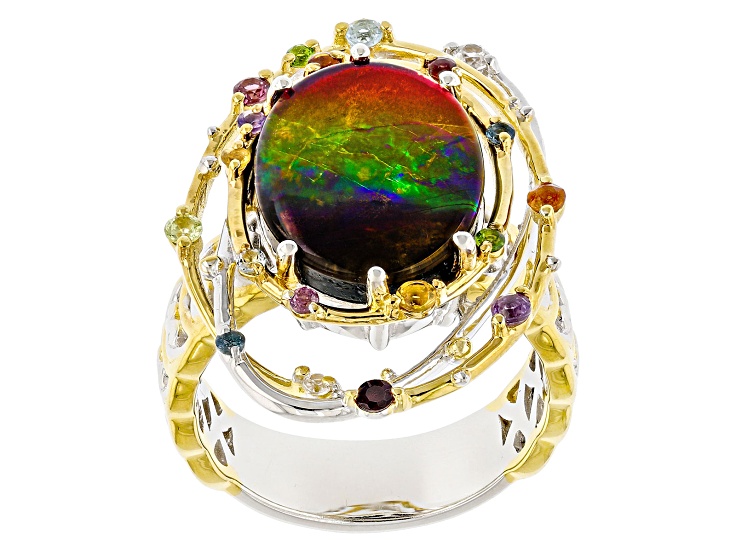 Ammolite Triplet and Multi Gemstone Rhodium/24K Gold Over Palladium Sterling Silver Ring 0.54ctw