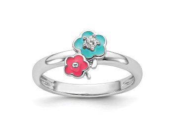 Picture of Rhodium Over Sterling Silver Blue and Pink Enameled with Cubic Zirconia Floral Children's Ring