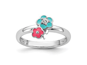 Rhodium Over Sterling Silver Blue and Pink Enameled with Cubic Zirconia Floral Children's Ring