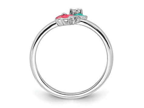 Rhodium Over Sterling Silver Blue and Pink Enameled with Cubic Zirconia Floral Children's Ring