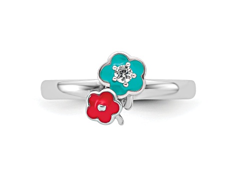 Rhodium Over Sterling Silver Blue and Pink Enameled with Cubic Zirconia Floral Children's Ring