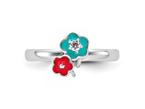 Rhodium Over Sterling Silver Blue and Pink Enameled with Cubic Zirconia Floral Children's Ring