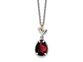 Sterling Silver with 14K Accent Antiqued Leaf Garnet with 2-inch Extension Necklace