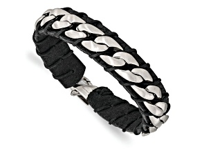 Black Leather and Stainless Steel Brushed Curb Chain 8.5-inch Bracelet