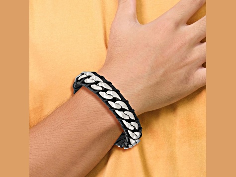 Black Leather and Stainless Steel Brushed Curb Chain 8.5-inch Bracelet