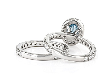 Oval cut blue and round white lab-grown diamond, 14kt white gold bridal set ring 3.00ctw