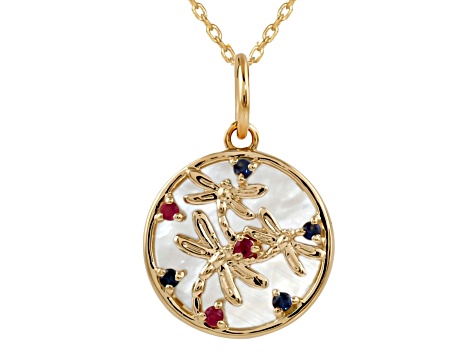 Mother Of Pearl with Ruby and Emerald 14k Gold Over Sterling Silver Dragonfly Necklace
