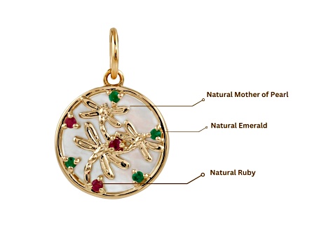 Mother Of Pearl with Ruby and Emerald 14k Gold Over Sterling Silver Dragonfly Necklace