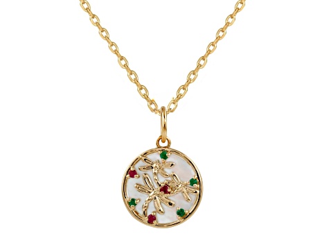 Mother Of Pearl with Ruby and Emerald 14k Gold Over Sterling Silver Dragonfly Necklace