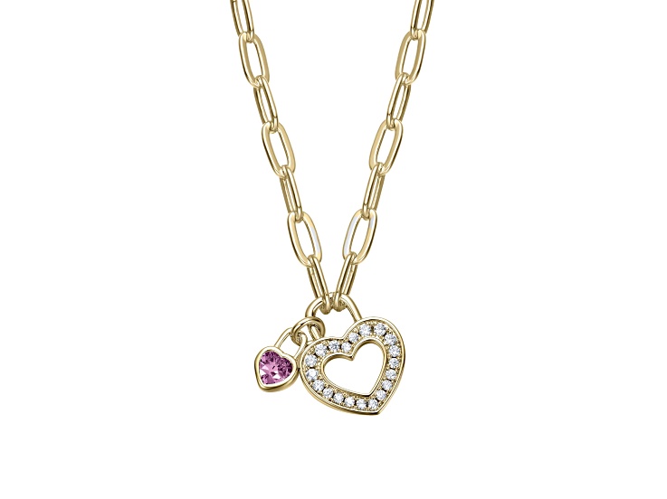Pink Cubic Zirconia, 14K Gold Plated over Brass Paperclip Chain