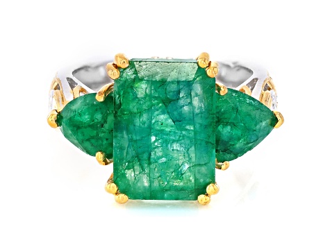 Green Zambian Emerald 24K Yellow Gold Over Sterling Silver 3-Stone