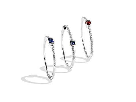 Star Wars™ Fine Jewelry R2 Series Sapphire, Diamond & Garnet Rhodium Over Silver 3 Ring Set 0.49ctw